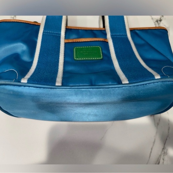 Mini Coach Blue Satin Tote with Green Leather Patch - Picture 3 of 4